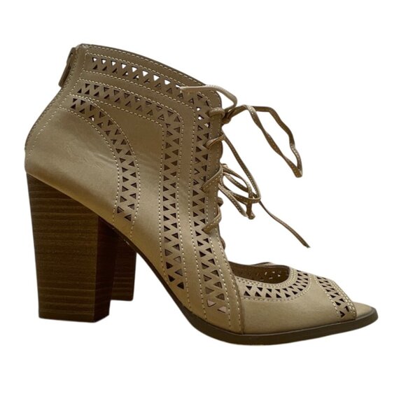 Restricted Womens Beige Peep-Toe Lace-Up Back Zipper Heeled Sandals Sz 8.5 - Picture 1 of 8